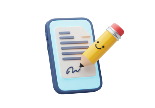 Isolated 3D Render of Smartphone with Document and Smiling Pencil Signing, Digital Signature