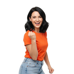 Joyful young woman celebrating success with fist pump and big smile transparent background