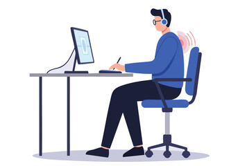 A man works at his computer, experiencing back discomfort. He uses a supportive chair and headset. Focus on ergonomic workspace comfort.