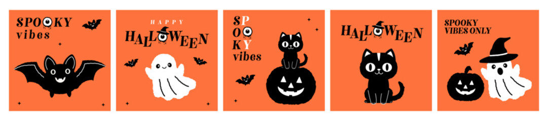 A fun Halloween vector poster design set with spooky characters like a bat, ghost, black cat, and pumpkin. A happy night fantasy concept for party, trick or treat, scary vibes, and festive elements.