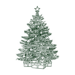 Christmas tree with gifts vector outline illustration. Vintage illustration. Retro style Christmas tree. Green composition isolated on white background. Vector illustration