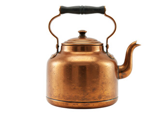 Isolated Vintage Copper Teapot with Wooden Handle, Rustic Kitchenware