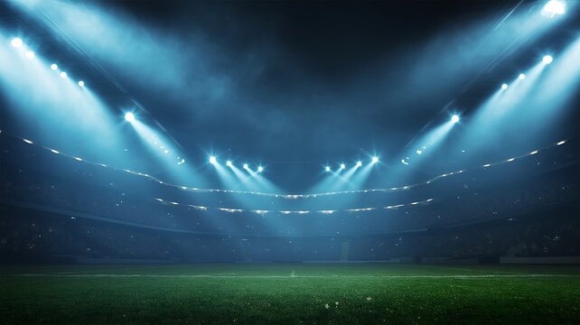 Empty football stadium at night with bright stadium lights