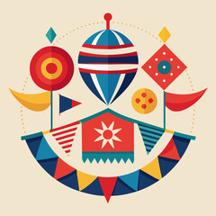 Obraz premium Colorful abstract geometric arrangement of festive decorations and toys