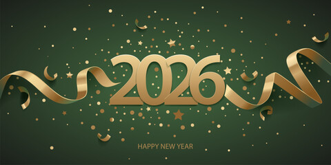 Happy New Year 2026. Golden numbers with ribbons and confetti on a dark green background.  © alex83m
