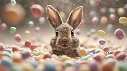 Fototapeta premium Adorable bunny surrounded by pastel candy eggs, bokeh background, close-up