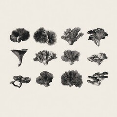 Assorted mushroom illustrations with detailed texture on cream background © LyceeChee