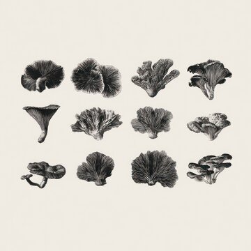 Assorted mushroom illustrations with detailed texture on cream background