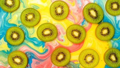 Bright green kiwi fruit slices arranged on a vibrant, colorful marbled background, top-down view.