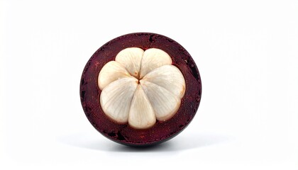 Close-up of a halved mangosteen fruit, showcasing its white segments and purple rind.