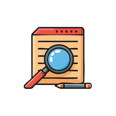 Vibrant cartoon illustration of magnifying glass inspecting a document with a pencil for information search and analysis