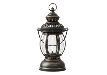 A vintage-style lantern with a clear glass globe and dark metal details stands out against a black backdrop.