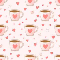 Seamless cute coffee and tea cups with hearts pattern. Perfect for Valentine’s Day, love themes, wrapping paper, textiles, backgrounds, and romantic holiday designs