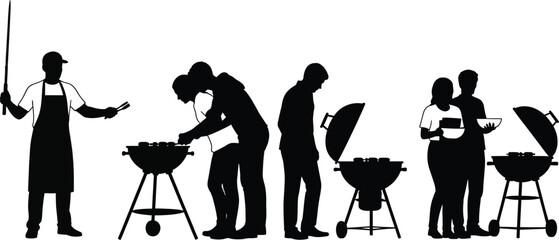 Silhouettes of people at a barbecue with grills and food preparation cooking