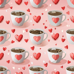 Obraz premium Seamless cute coffee and tea cups with hearts pattern. Perfect for Valentine’s Day, love themes, wrapping paper, textiles, backgrounds, and romantic holiday designs