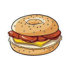 Delicious bagel sandwich with crispy bacon fresh egg and melted cheese on white bread