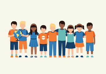 Vector art of diverse group of children holding a globe, representing global unity, friendship, and international community