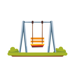 Empty playground swing with a colorful seat in a park. Flat vector illustration for childhood and recreation.