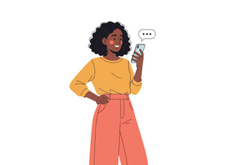 Vector art of young woman smiling and holding a smartphone with a chat bubble, representing communication, social media, and messaging