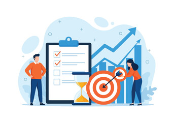 Vector art of business people working on a project with a checklist, hourglass, and target, symbolizing planning, strategy, and goal achievement