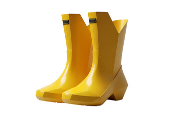 Two vibrant yellow rain boots with a modern, angular design stand out against a stark black background.