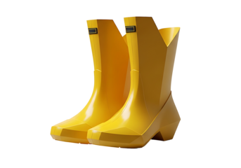 Two vibrant yellow rain boots with a modern, angular design stand out against a stark black background.