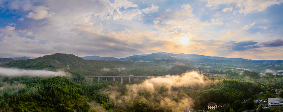 Tuscany Morning Atmosphere with fog and mist. Beautiful Aerial Panorama