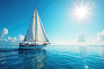 Majestic Sailboat Gliding on Calm Sun-Drenched Sea Under Vibrant Blue Sky, White Sails Billowing Gently in the Breeze Perfect for Travel, Adventure, and Nautical Themes