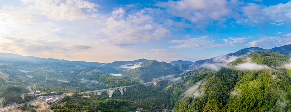 Tuscany Morning Atmosphere with fog and mist. Beautiful Aerial Panorama