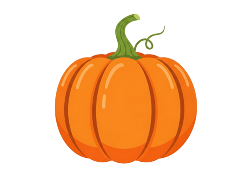 A vibrant, cartoonish image depicts a single, ripe pumpkin against a stark black background.
