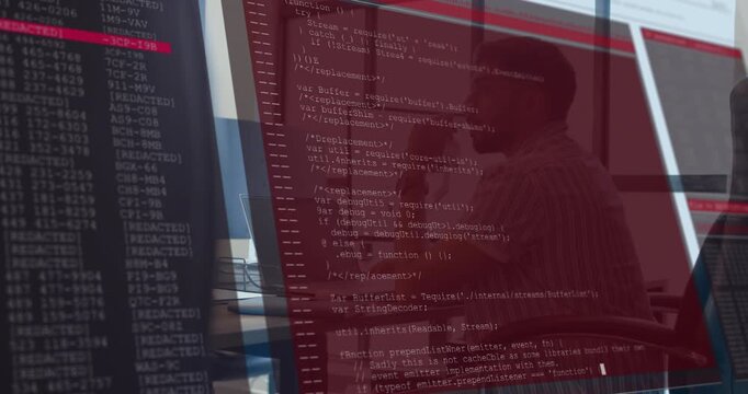 Developer launching laptop debugging code while 3D model and terminal overlay scrolling reflecting