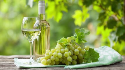 Obraz premium A refreshing glass of white wine sits next to a bunch of green grapes on a rustic wooden table. Sunlight filters through lush vineyard leaves, creating a serene ambiance