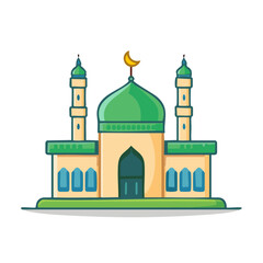 Colorful Cartoon Illustration of a Mosque with Crescent Moon