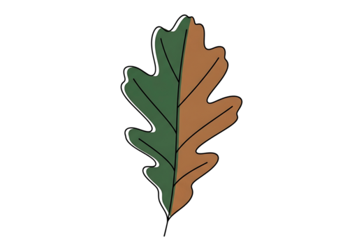 A stylized oak leaf design features a blend of dark green and light brown hues, presenting a simple yet elegant visual.