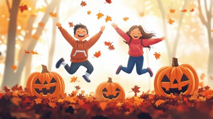 Children jumping with pumpkins and falling leaves in autumn season
