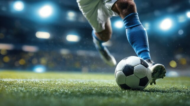 A soccer player in a white uniform strikes a black and white ball on a vibrant green field as stadium lights illuminate the arena during a thrilling evening match