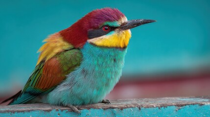 Fototapeta premium A striking bird features vibrant feathers with shades of red, yellow, and turquoise, resting on a wooden railing in its lush tropical environment