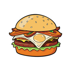 Delicious cheeseburger with a perfectly fried egg and crispy bacon topping presented as a clean vector illustration