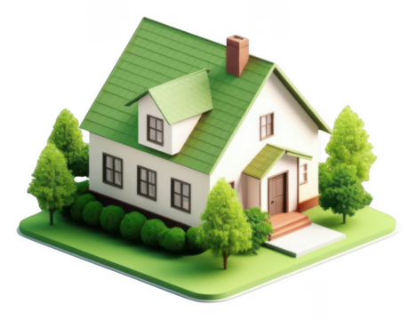 Charming green roofed house model with lush landscaping isolated on transparent background