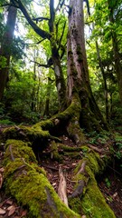 Lush forest floor with mossy roots