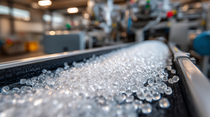 Plastic resin pellets moving along an industrial conveyor, conveying the foundation of polymer manufacturing, precise material handling, and the supply chain that feeds molding and extrusion.
