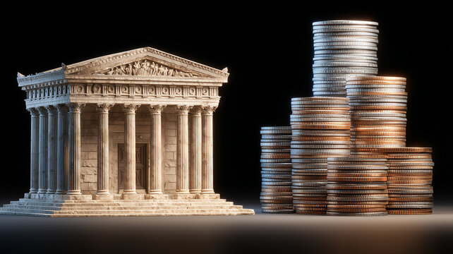 Classical bank building beside growing coin stacks symbolizing financial stability, investment growth, and institutional trust.
