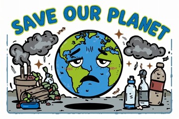 Fototapeta premium Sad Earth, pollution, recycling plea, background smoke
