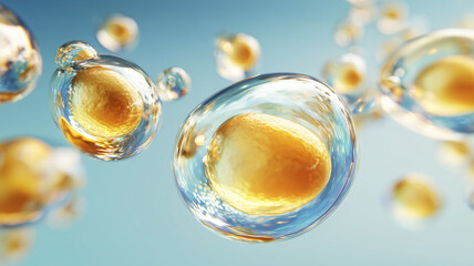 Floating cells in microenvironment representing microbiology, health research, and modern bioscience.
