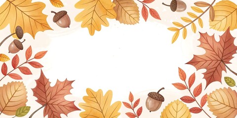 A whimsical autumn banner with a blank center framed by watercolor-style illustrations of various fall leaves and acorns.
