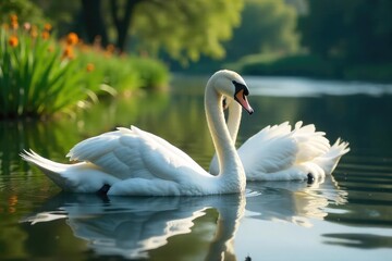 A serene lakeside scene featuring a pair of swans, nestled amongst tranquil waters and lush greenery Perfect for romance, nature, and tranquility themes , couple, greenery