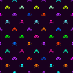 Small multicolored skulls and crossbones on a dark background. Seamless pattern. Vector simple flat graphic illustration. Texture.