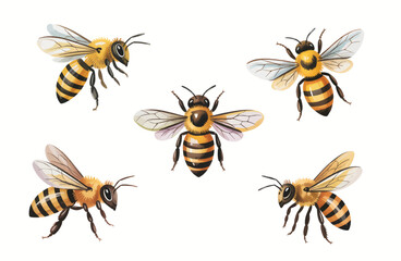 Flying watercolor honeybee elements with realistic hand painted details.