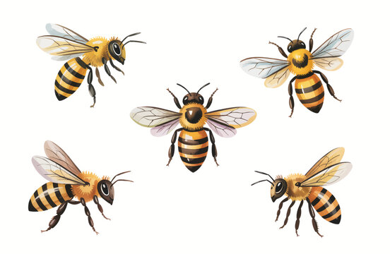 Flying watercolor honeybee elements with realistic hand painted details.