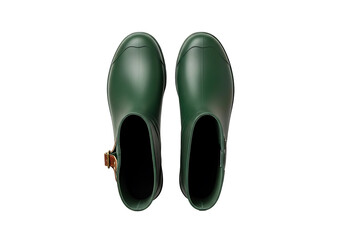 Pair of deep forest green rubber boots with a tan buckle detail, presented against a black backdrop, highlighting their durable and stylish design.